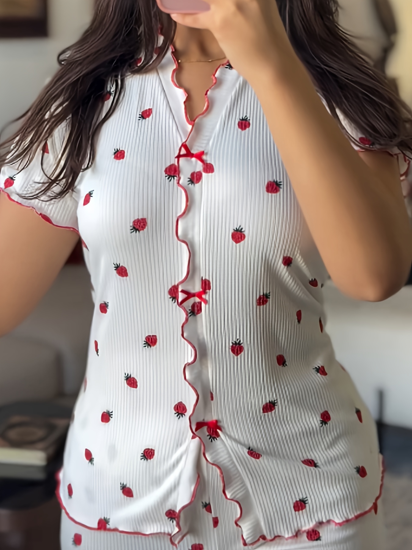 25AW Home Wear Trend 2pcs Strawberry Print Stand Collar Short Sleeve T-Shirt and Pants Pajama Set