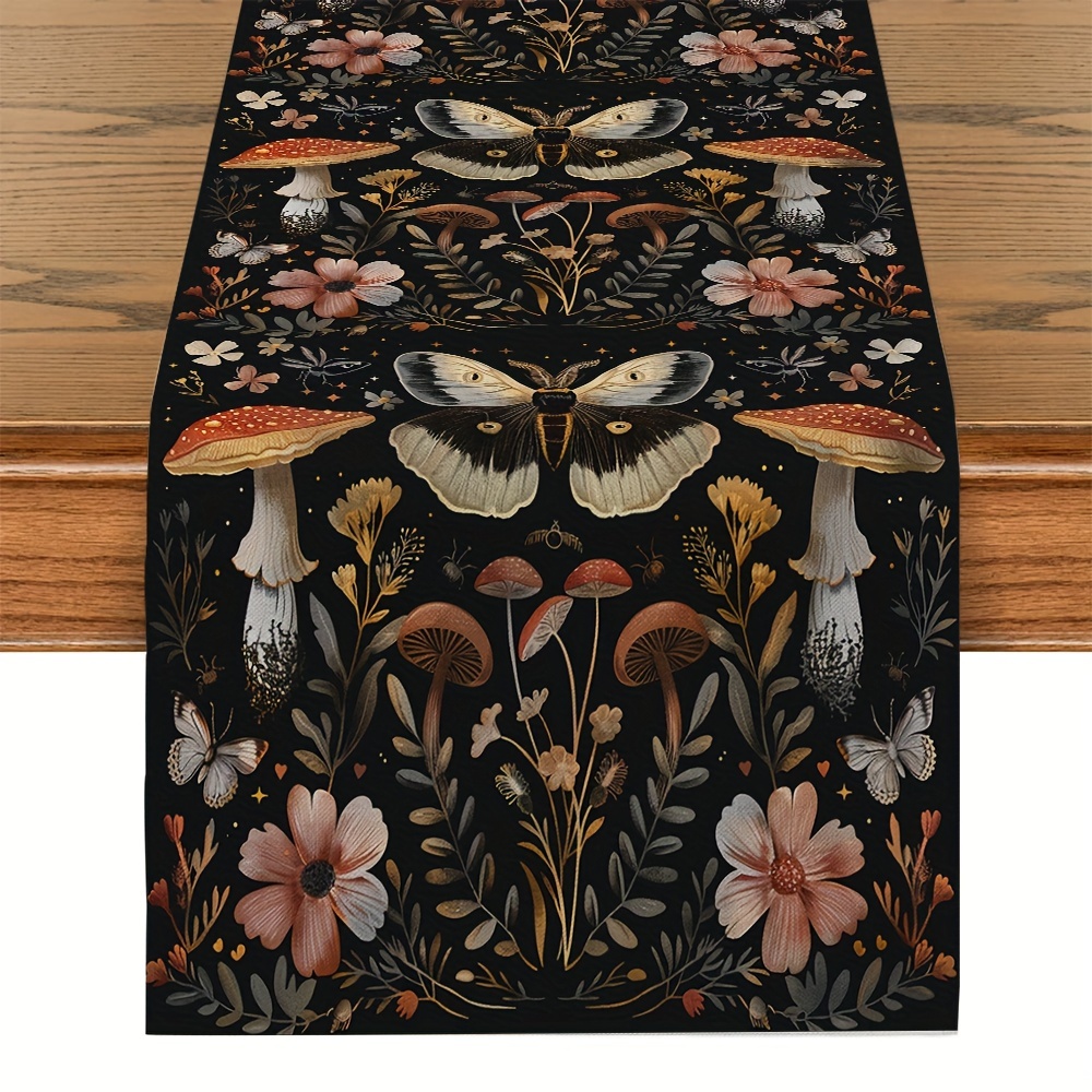 

1pcs Butterfly, Flower, Mushroom Table Runner - Kitchen And Dining Room Decor - Rectangular, Polyester, Woven Cover - 180cm/71in X 33cm/13in