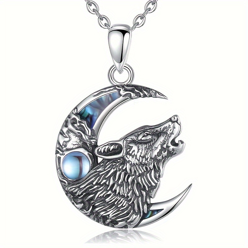 

Chic Wolf & Moon Pendant Necklace With Glass Gemstone - Alloy, Casual Attire Or Parties