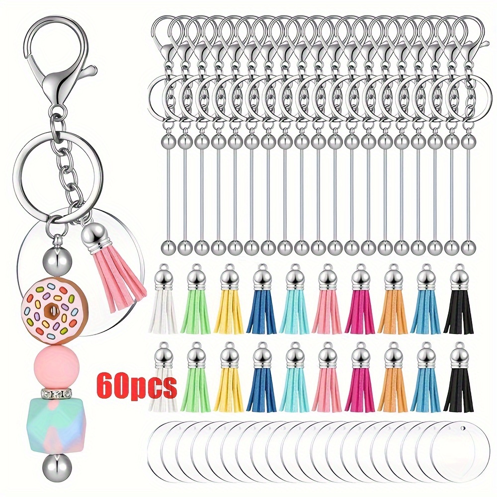 

30/60pcs Beadable Keychain Bars Bulk Set Include Silver Blanks Beaded Keychain Colorful Leather Keychain Tassels Acrylic Blanks For Jewelry Making Key Chains