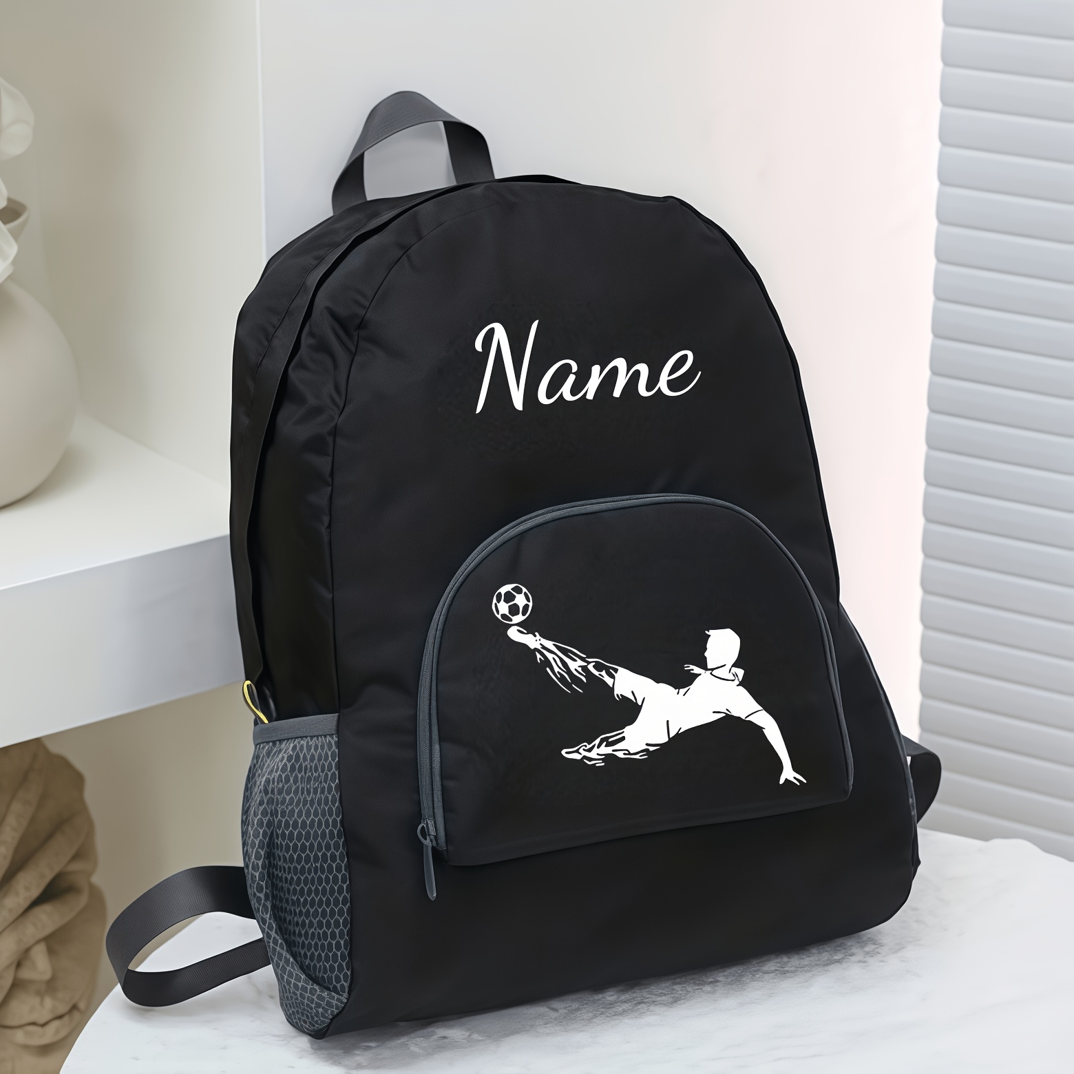 TEMU Foldable Backpack, Customizable Name And Soccer Pattern, Easy To Fold, Suitable For Travel, Small Size Backpack, Adjustable Shoulder Strap, In