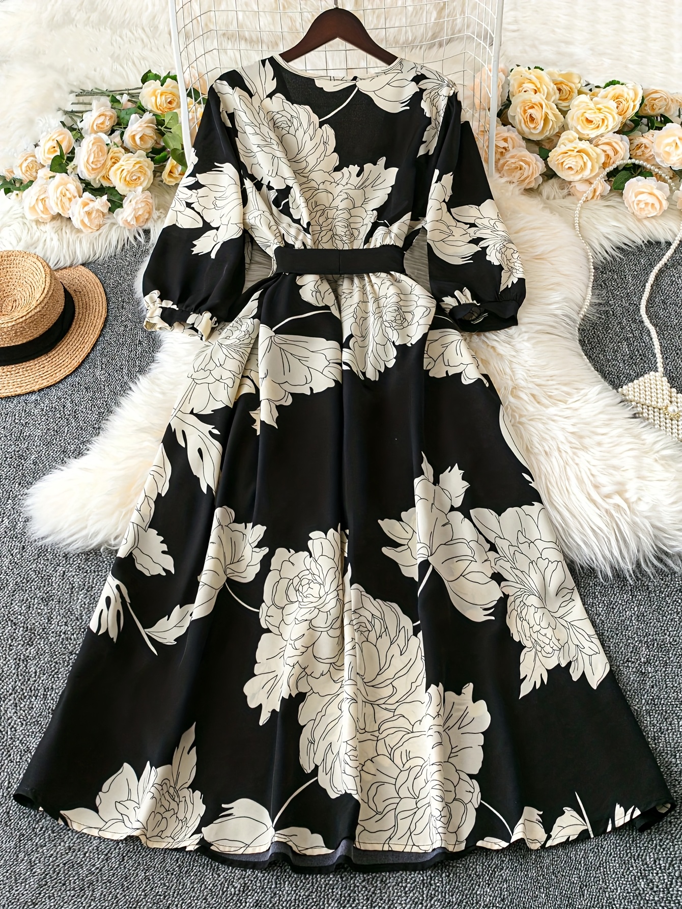 שמלת וינטג' פרחונית אורגנית לנשים עם צווארון ושירתה מושלמת במותניים בשורות, רמת זו שרו לסתיו/חורף, אופנה למבוגרים, לבוש | שמלה פרחונית וינטג' | בד פוליאסטר