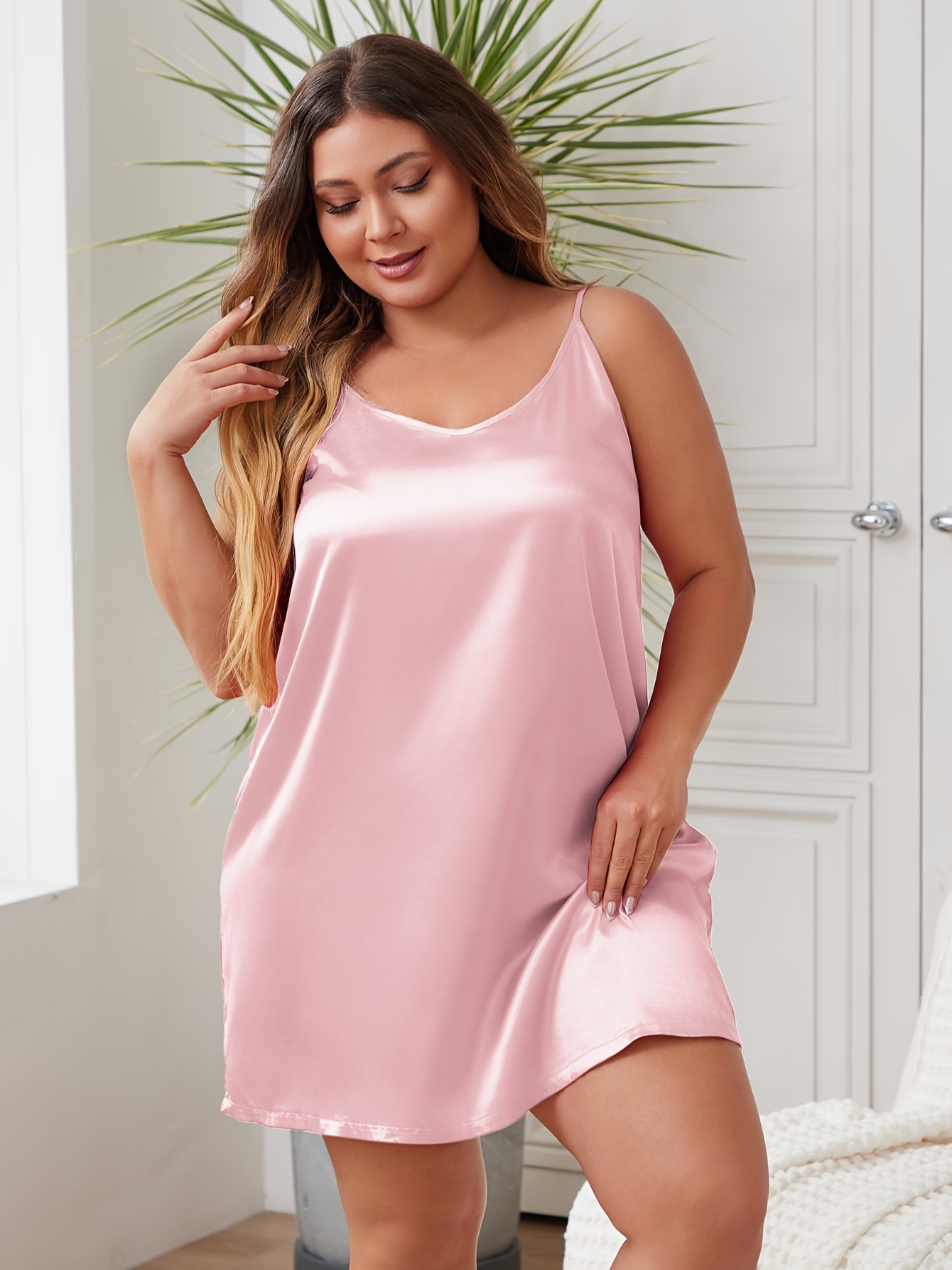 womens plus size pink satin sleep dress v neck sleeveless - Temu