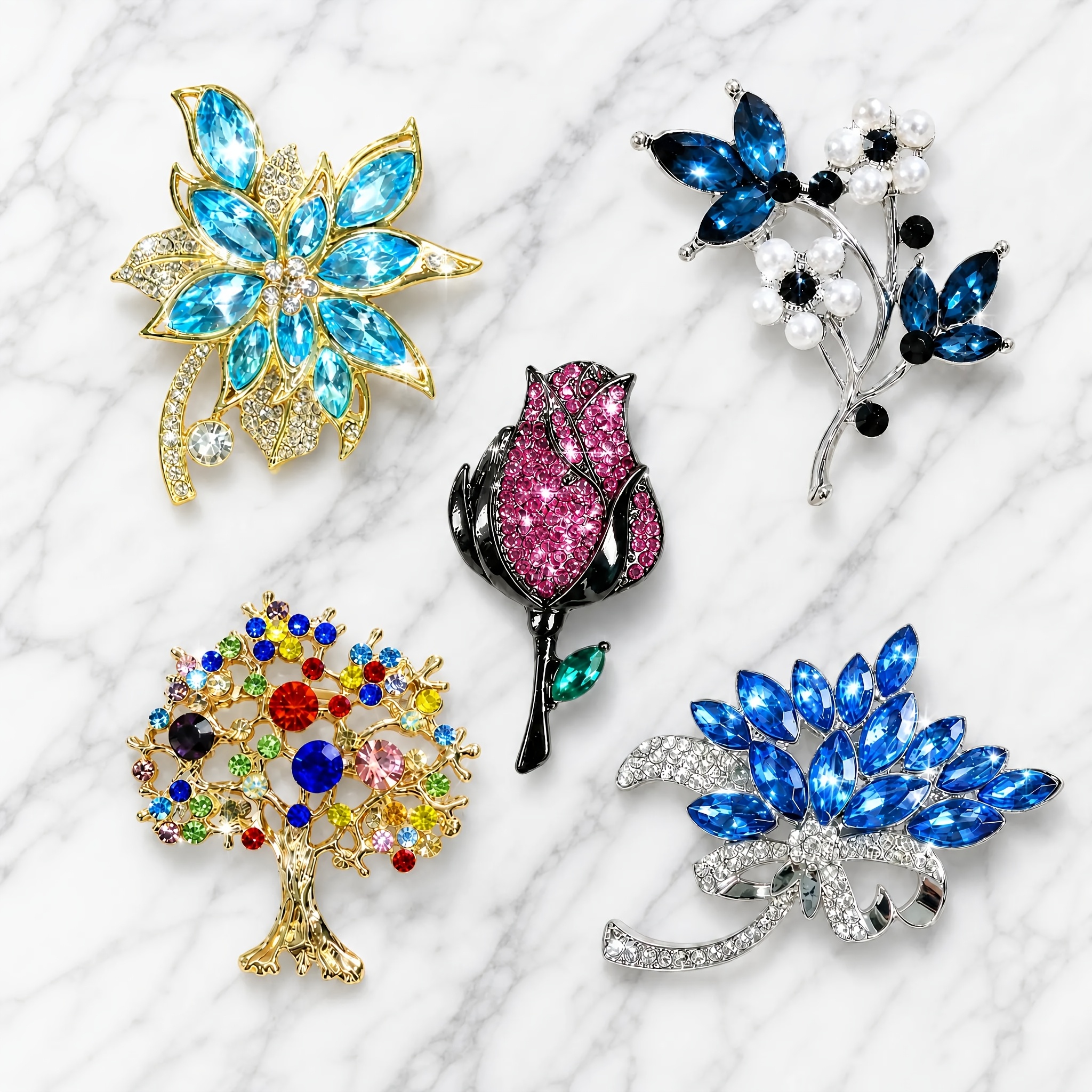 TEMU 5pcs Versatile Colorful Rhinestone Floral And Tree Pin Set, Suitable For Long Coats, Fabric Bags, Business Travel, Banquets, Gatherings, And