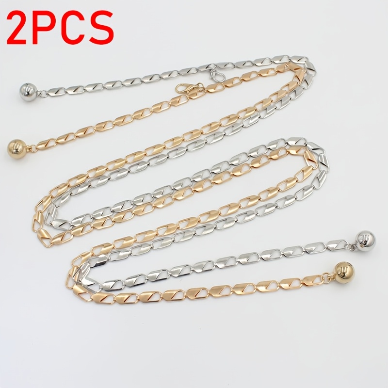TEMU 2pcs Women's Fashion Metal Chain Waist Chain Light Luxurious And High-end Double Pendant Tassel Chain Belt Versatile Dress Decorative Belt