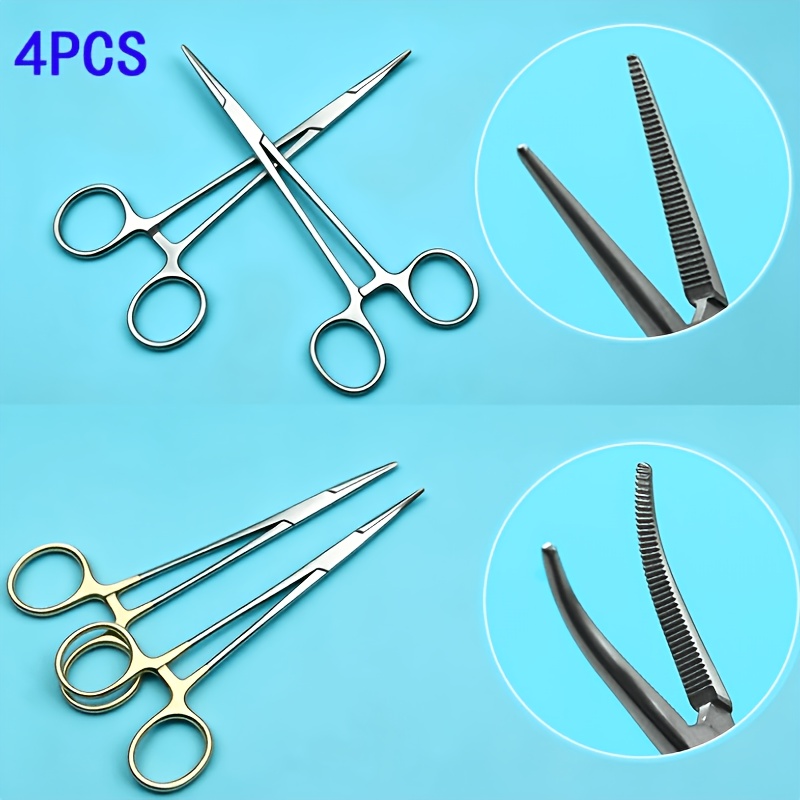 TEMU Laboratory Tweezers, 4pcs Tweezer Set, Metal Pointed And Bent Tweezer Fixing Device, Golden Handle Pointed And Bent Clamp Pliers, Straight