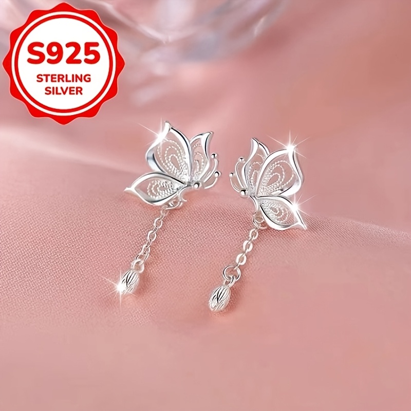TEMU 2pcs Women's Fashion Stud Earrings, 925 Sterling Silvery, Fresh And Sweet Tassel Stud Earrings, New Style, Gift For Best Friend, Party Gift,