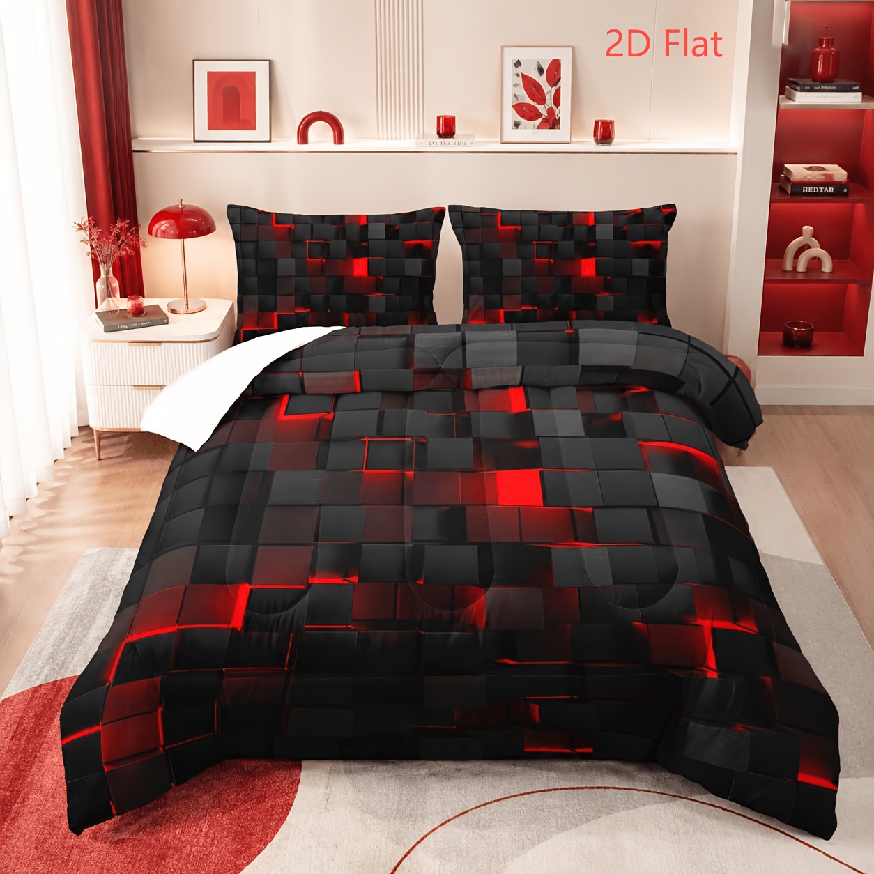 TEMU Parure de lit 2D à plat 3 pièces à carreaux avec impression numérique Fashion Tech, parure de housse de couette 2D à plat Tech (1 housse de