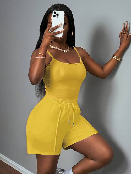 womens new casual camisole knit elastic vest and striped textured shorts 2pcs set