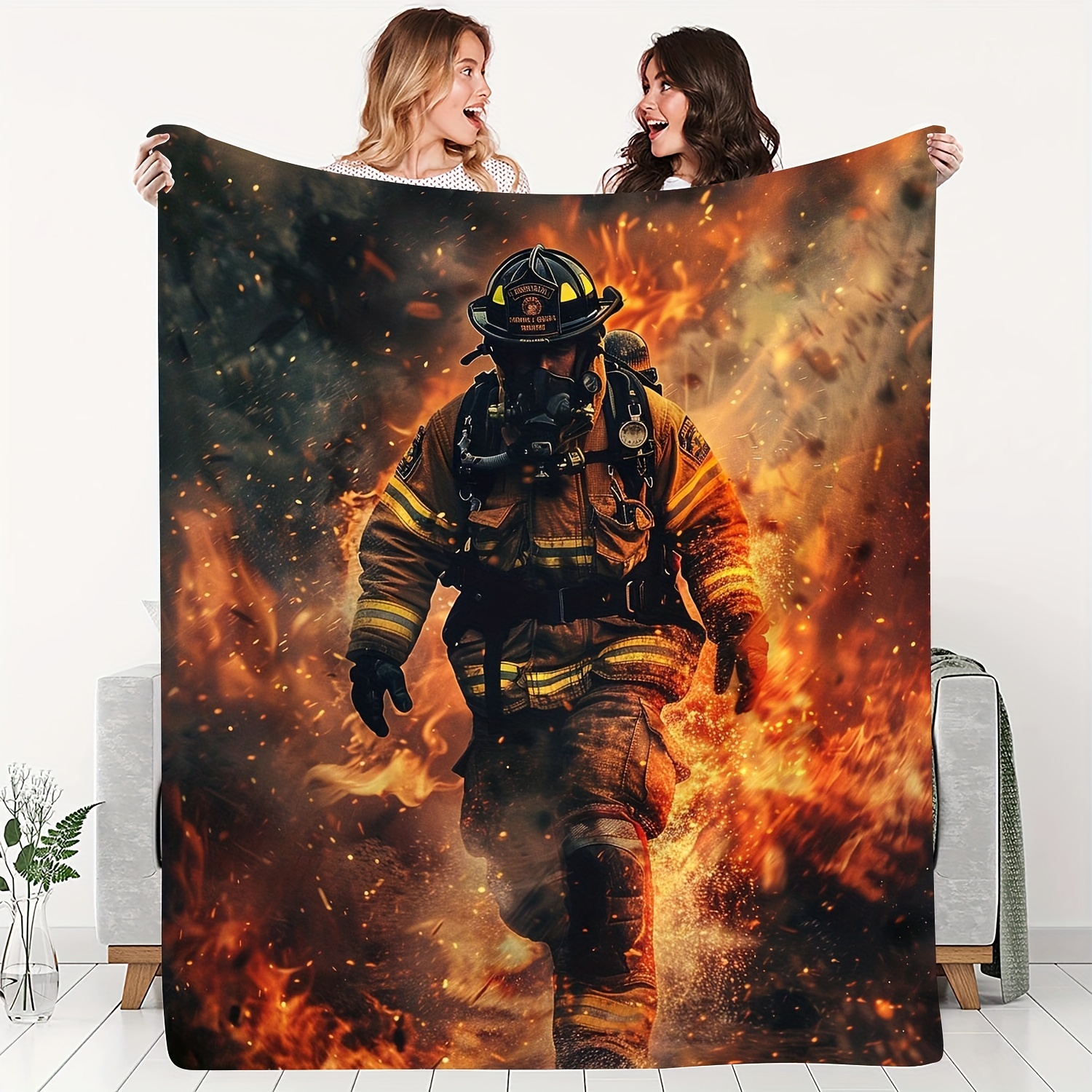 

Firefighter Themed Flannel Blanket - All-season Soft Warm Multi-purpose Throw With Heroic Fireman Pattern For Couch, Office, Bed, Camping & Travel - Style With Special Occasion Theme