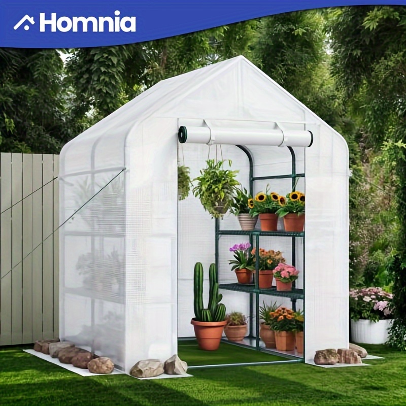 

Homiflex 76x56x56in Walk-in Greenhouse 3 Tier 12 Shelves Pe Cover Zipper Door Outdoor Green House W/ Ground Nails Ropes For Garden, White