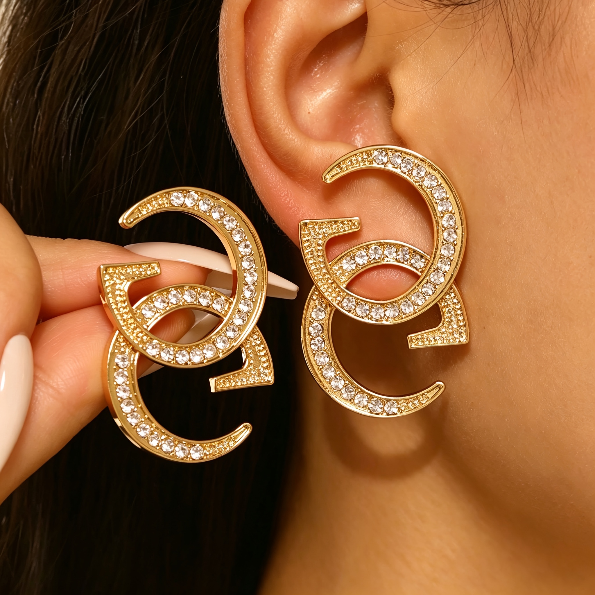 TEMU A Pair Of Fashionable And Exquisite Letter Earrings, Fully Encrusted With Synthetic Zirconia, Simple Yet Luxurious With A High-end Feel. Women's