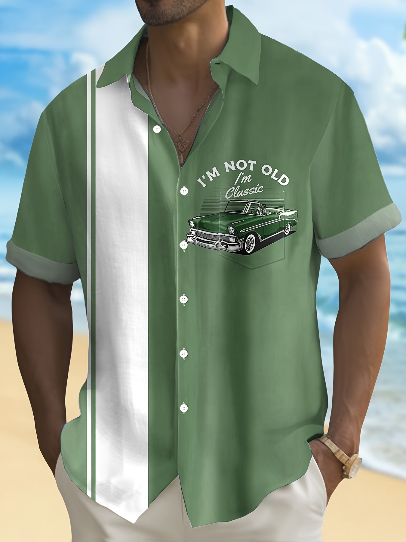 Men'S Plus Size Vintage Car Graphic Button-Up Shirt - Blue & White Checkered, Short Sleeve, Casual Summer Shirt with Front Pocket, Casual Summer Wear|Vintage Car Print|Short Sleeve Shirt