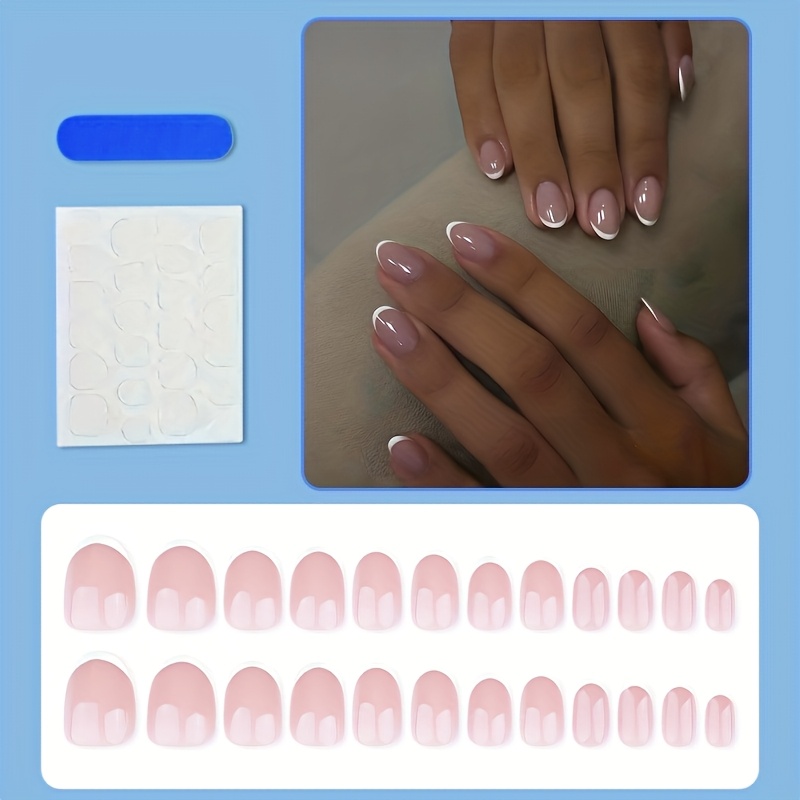 24pcs Press On Nails Short Oval Fake Nails With Designs White Tip False Nails Press Ons Glossy Full Cover Acrylic On Nails Cute Artificial Stick On Nail For Women Manicure