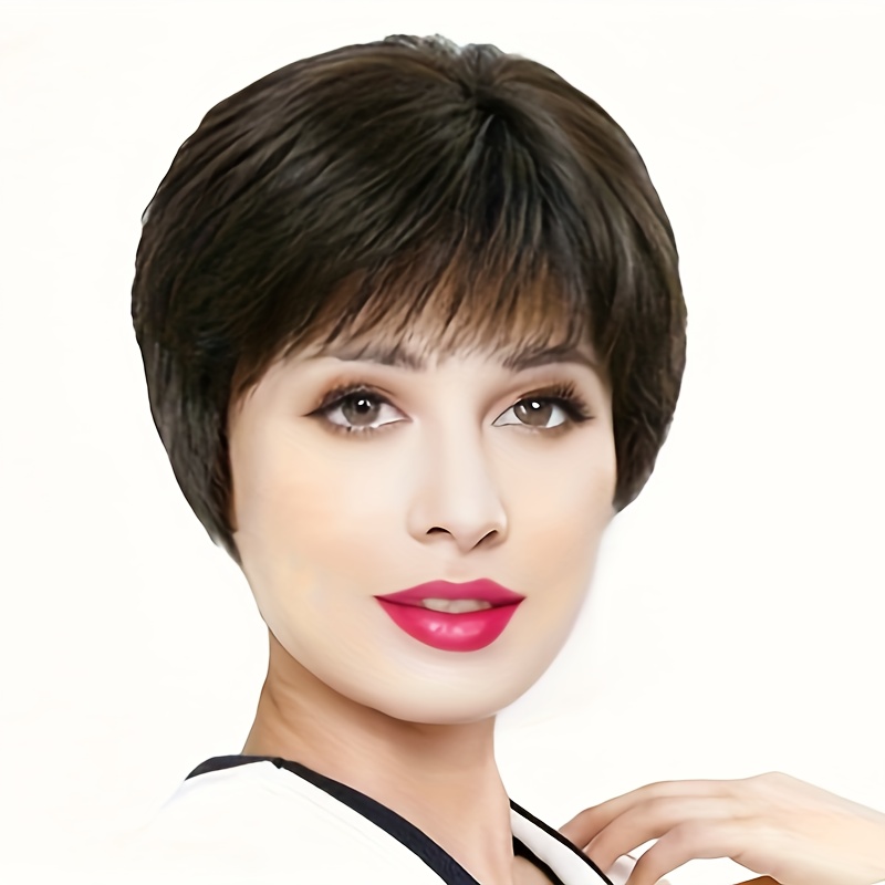 

Elegant Short Wig For Middle-aged Women, Unisex, 130% Density, Cap, Straight Hair, High-temperature Fiber, All