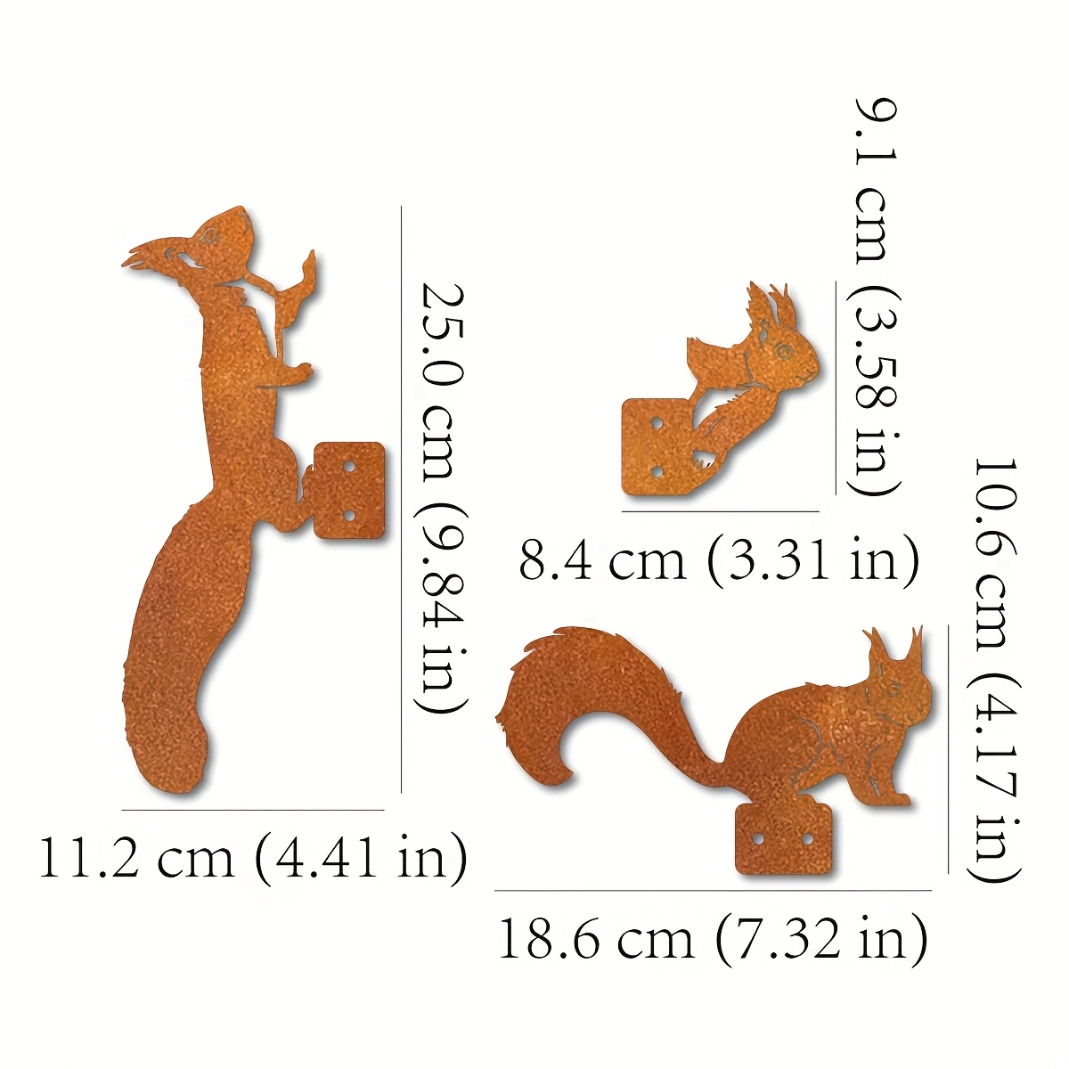 E-shop 3er-Set Eichhörnchen-Skulptur aus rostigem Metall - Erdtöne, Gartenkunst und -Dekor für den Außenbereich, für Garten, Terrasse, Halloween - Kein