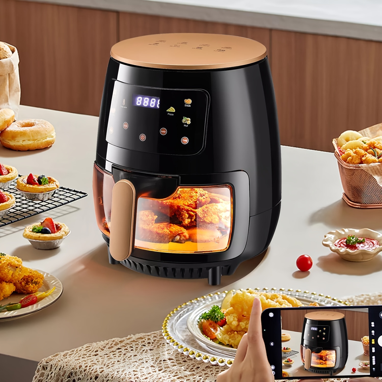 Easy-View Window 6L Air Fryer, New Large Capacity, Touch Screen, Multifunction, Mini Oven, Touch Controls with 6 Presets, Nonstick & Dishwasher Safe Basket, FULL GLASS BASKET- Black, Chicken, Crisps, Broils, Roasts, Dehydrates, Bakes, Reheats