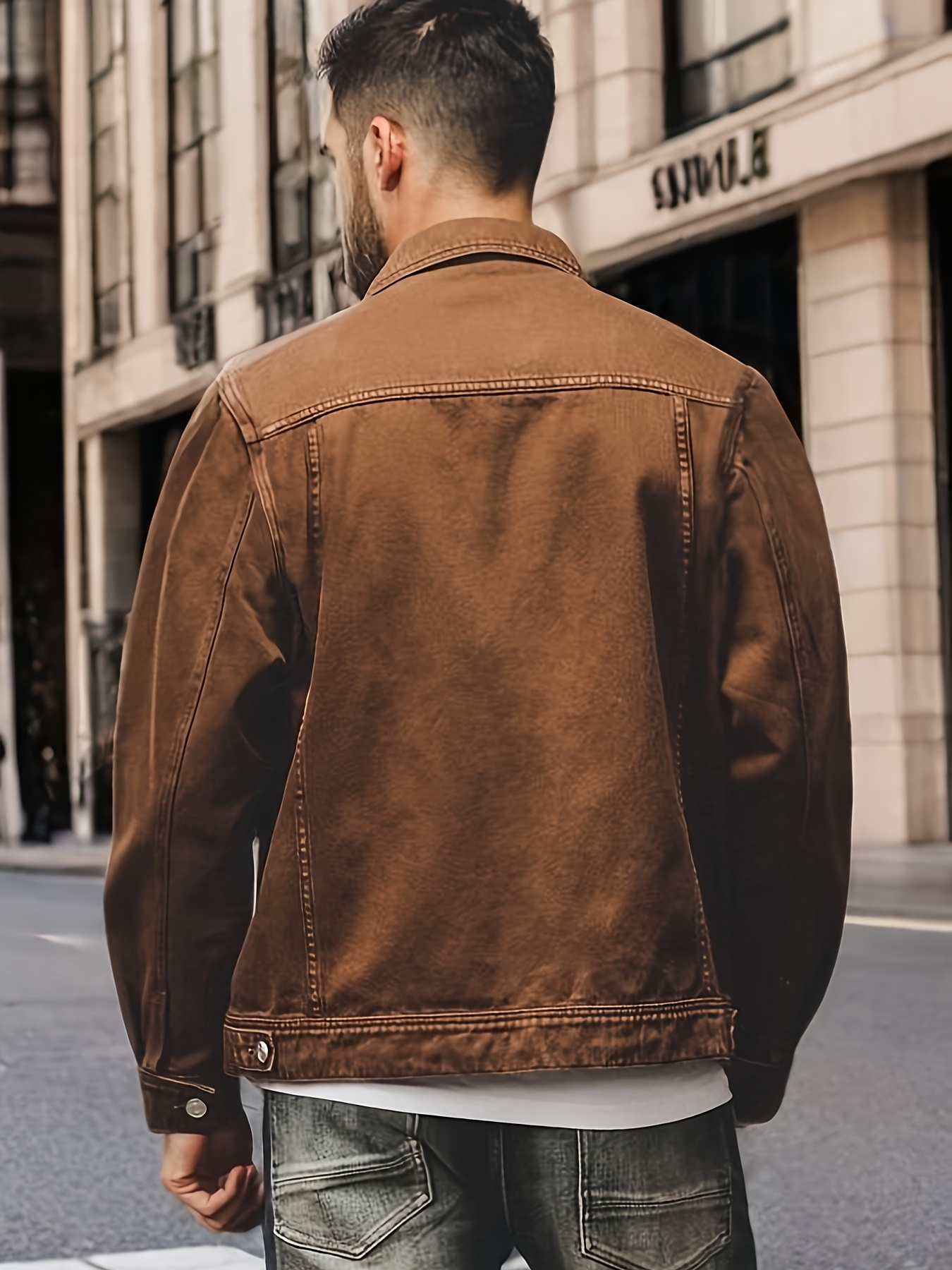 Blue Jeans Mens Denim Jacket Brown Retro Multi-pocket Work Jacket