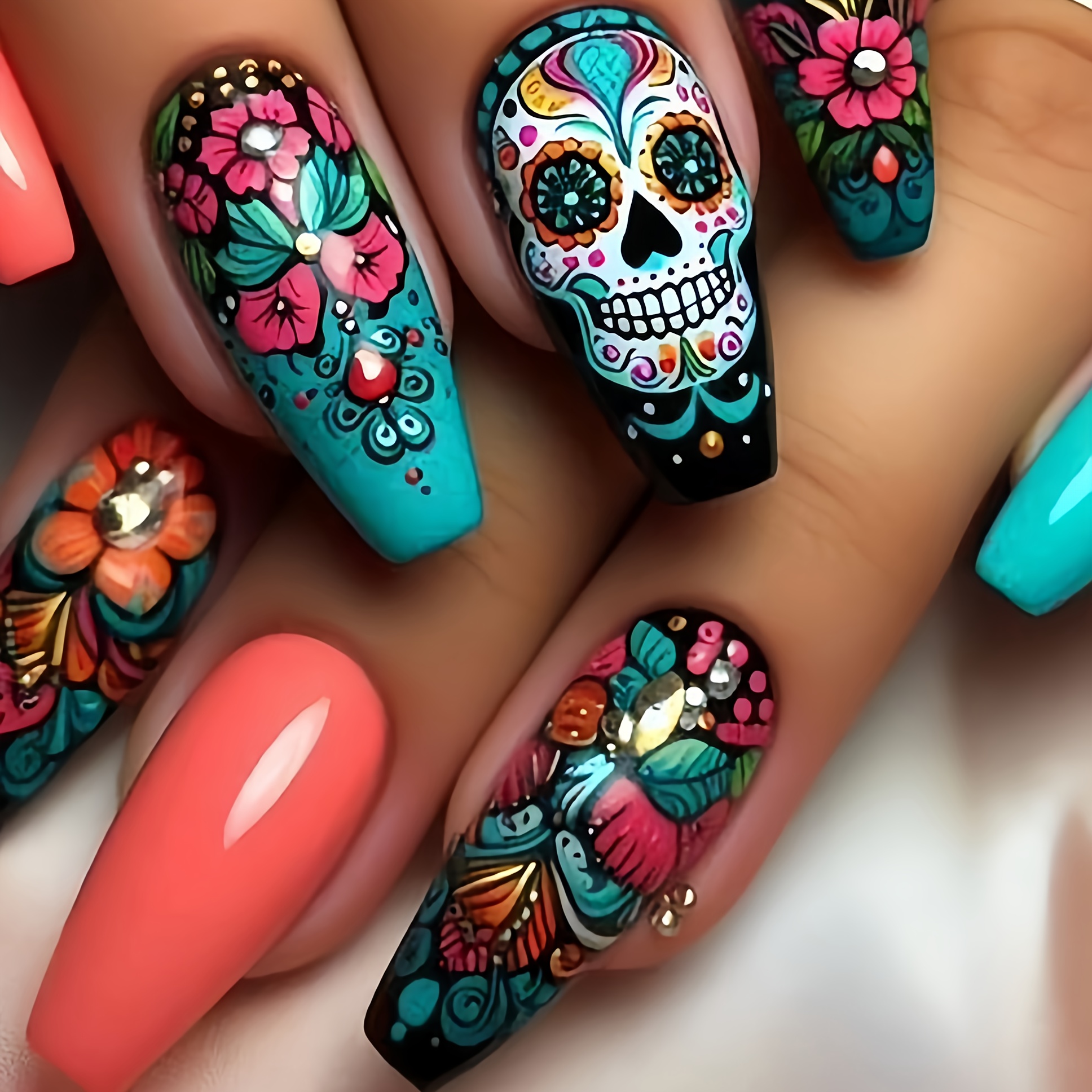 TEMU Uñas Postizas de Calavera y Flores para Halloween