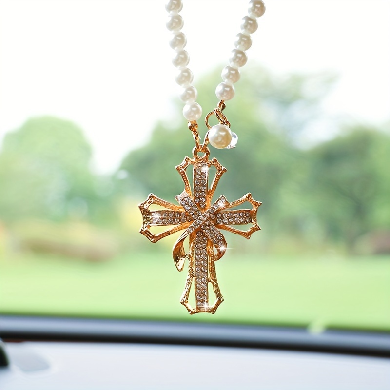 Creative Stylish Metal Cross Rearview Mirror Car Interior Pendant, Exquisite Diamond-studded Car Hanging Accessory Gift