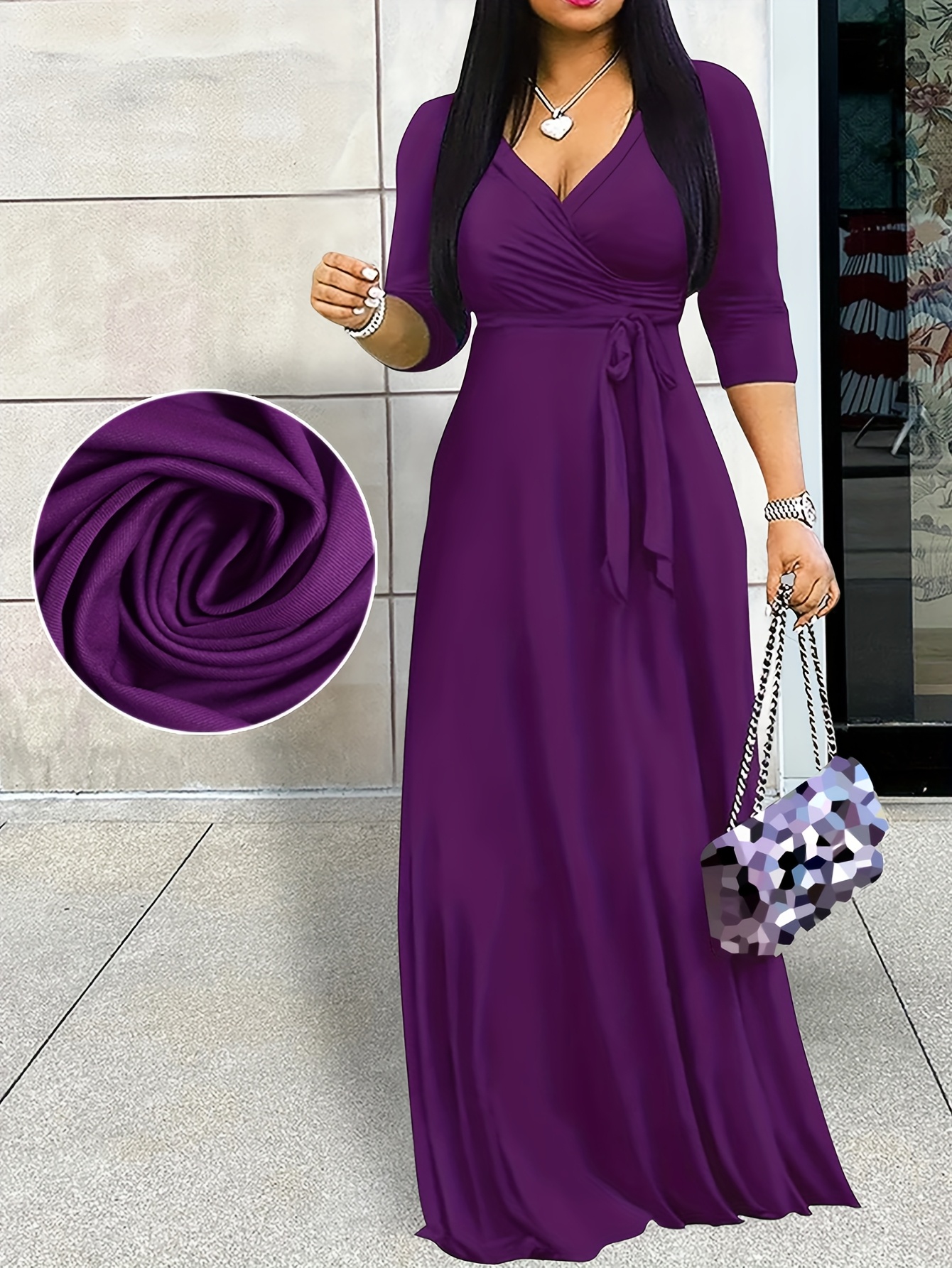 Purple Solid Color Maxi Dresses Elegant Purple V-Neck Maxi Dress