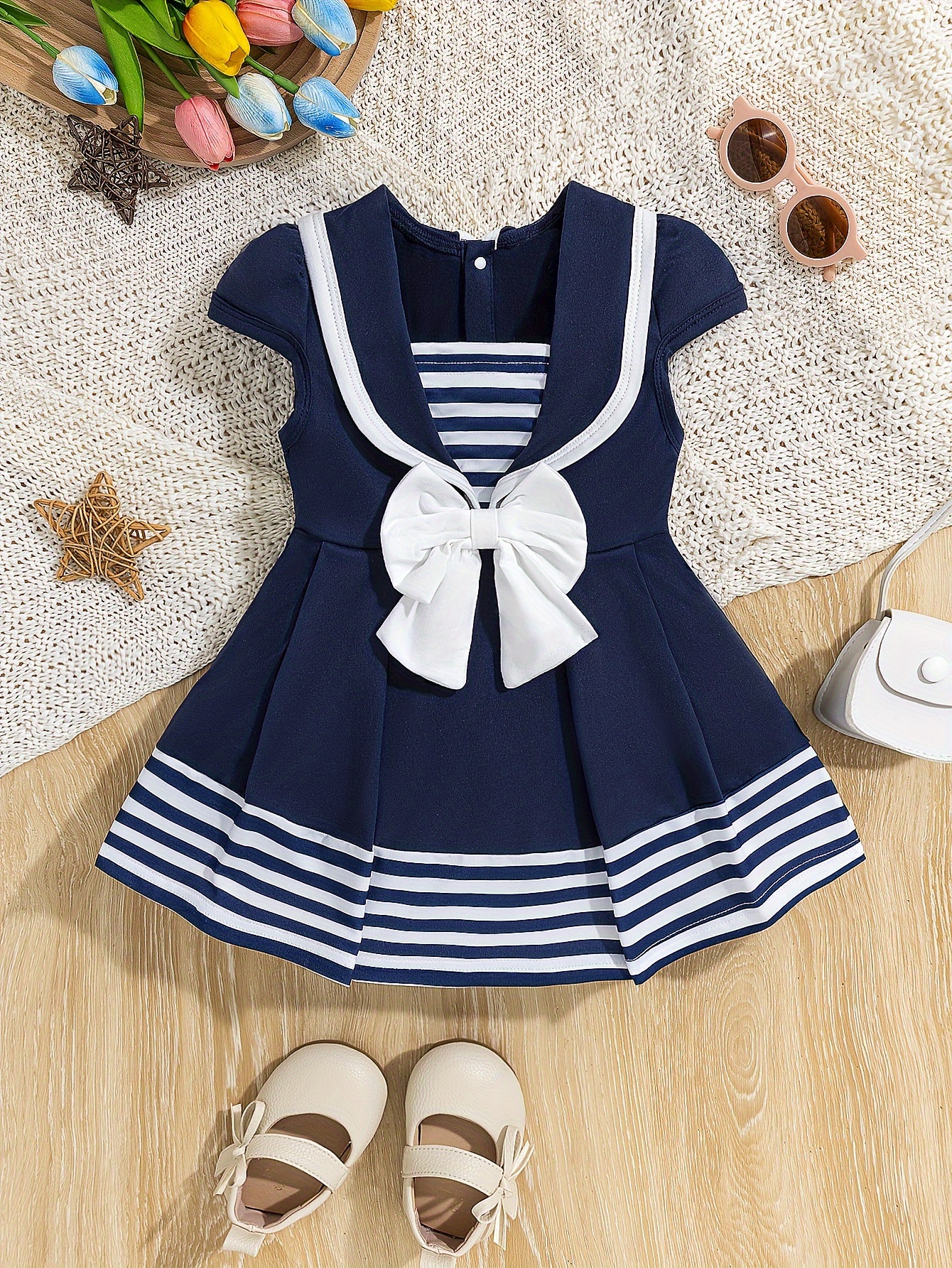 Baby Girls Summer Knit Fashion Elegant Easy Striped Bow Sailor Dress
