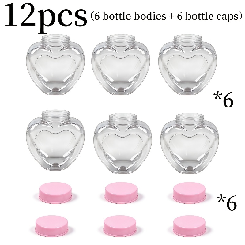 TEMU Lot de 12 pièces : 6 bouteilles + 6 couvercles, bouteilles de cœur avec chapeau rose, bouteilles faites à pour le rangement et le tri,