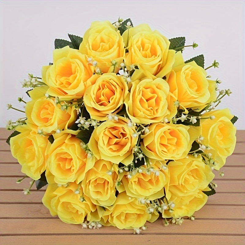 TEMU 18pcs Yellow Artificial Silkyy Rose Flowers For Living Room, Bedroom, And Hall Decoration, Perfect Gift For, Handheld Bouquet For Valentine's Day, Christmas,, And Father's Day