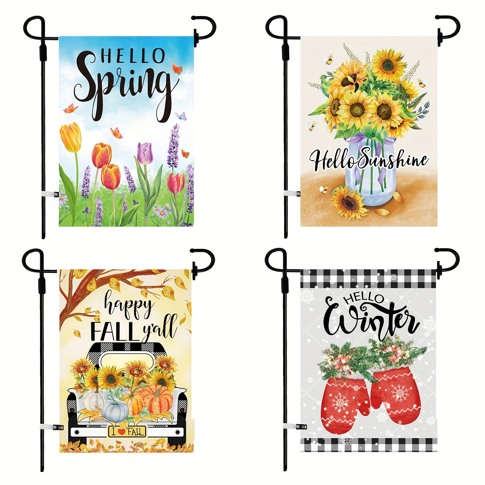 

Set Of 4 Seasonal Garden Flags, Double-sided Print, 12x18 Inch Polyester Yard Signs, Holiday Decorations For Spring, Summer, Fall, Winter, Multipurpose Outdoor Bunting With No Pole Included