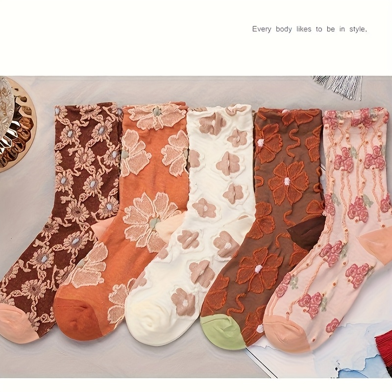 TEMU 5 Colors, 5 Pairs Of Retro Floral Socks, 's Relief Mid Tube Socks, Ins Trendy Socks, Fashionable And Versatile Women's Socks, Small Flower Socks