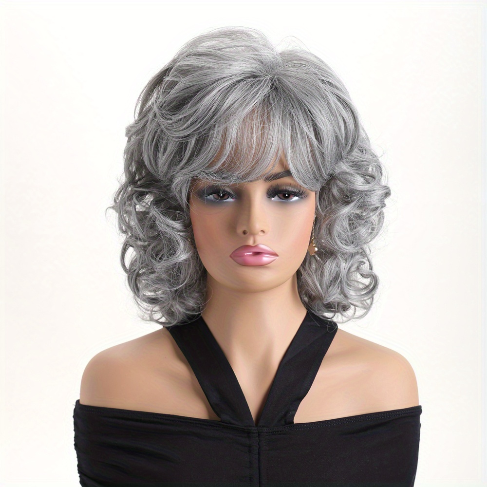 Image of Women's Short Curly Wig With Bangs - -resistant Synthetic Hair Suitable For Daily Wear, Cosplay, Weddings & Parties - Grey Curly, Cap (12 Inch) - For Women