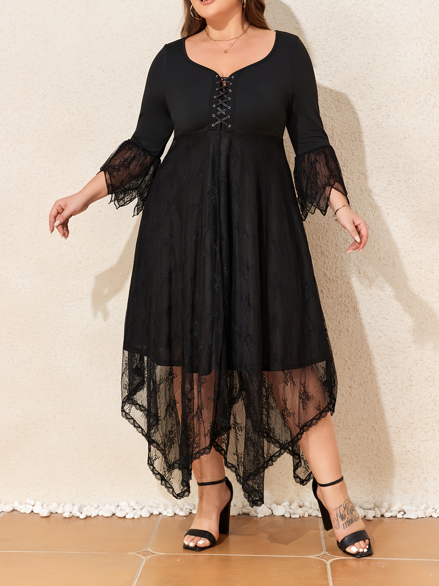 plus size womens gothic lace panel midi dress ladies lace Temu