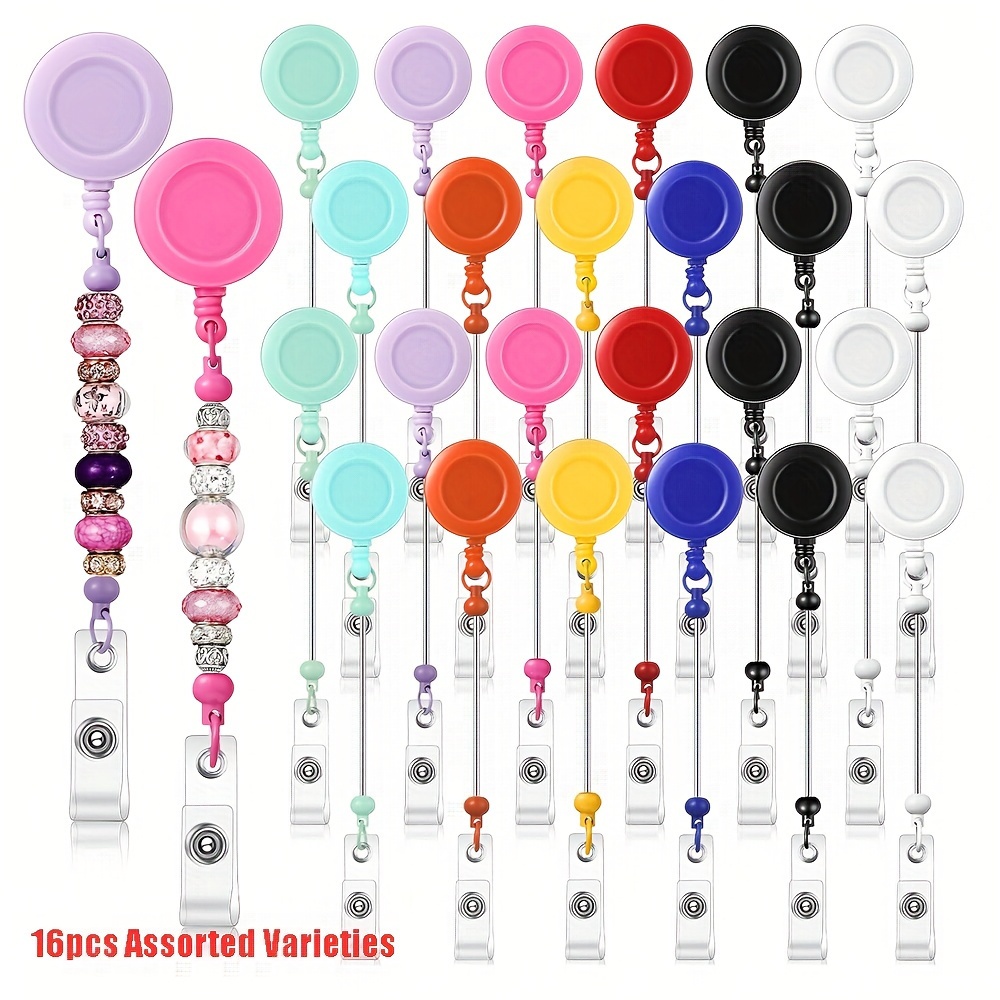 

16pcs Mixed Color Beadable Retractable Badge Reel Holders Clip, Diy Badge Holder Retractable Clip With Blank Beadable Keychain Bar