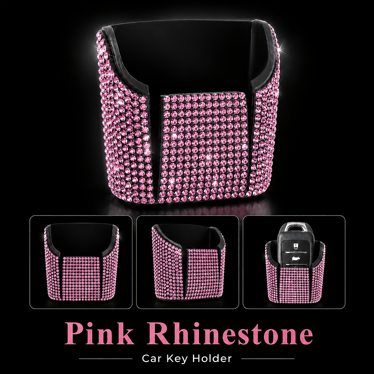 TEMU Rhinestone Car Key Holder Storage Box With Adhesive Back, Sparkling Mini Key Organizer Pocket For Car Interior, Center Console And Dashboard