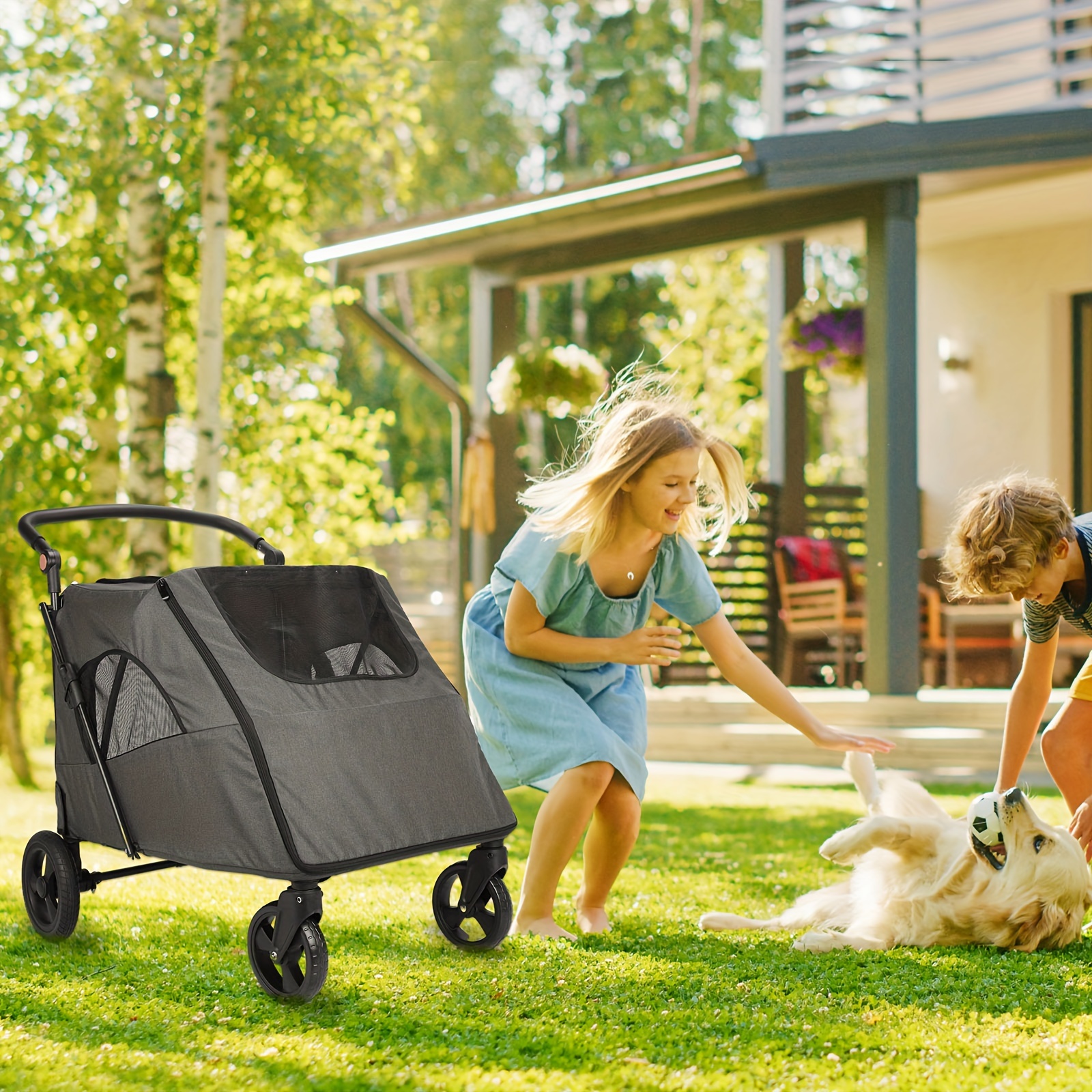 TEMU Dog Stroller For Large Dogs - Upto 120 Lbs Pet Jogger Wagon, Travel Folding Carrier With Adjustable Handle, Sunroof, Rear Brake, Security Leash