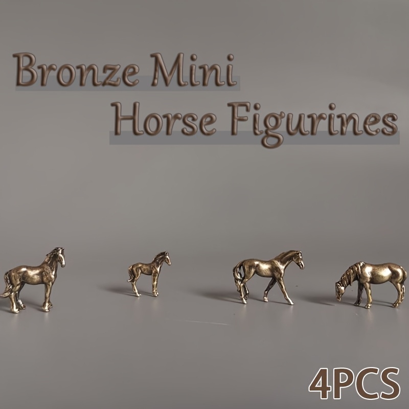 E-shop 4er-Set Bronze Mini Pferde Figuren – Mikro-geschnitzte Metall Ornamente, feine Details, handgefertigte künstlerische Dekoration für Aquarium,
