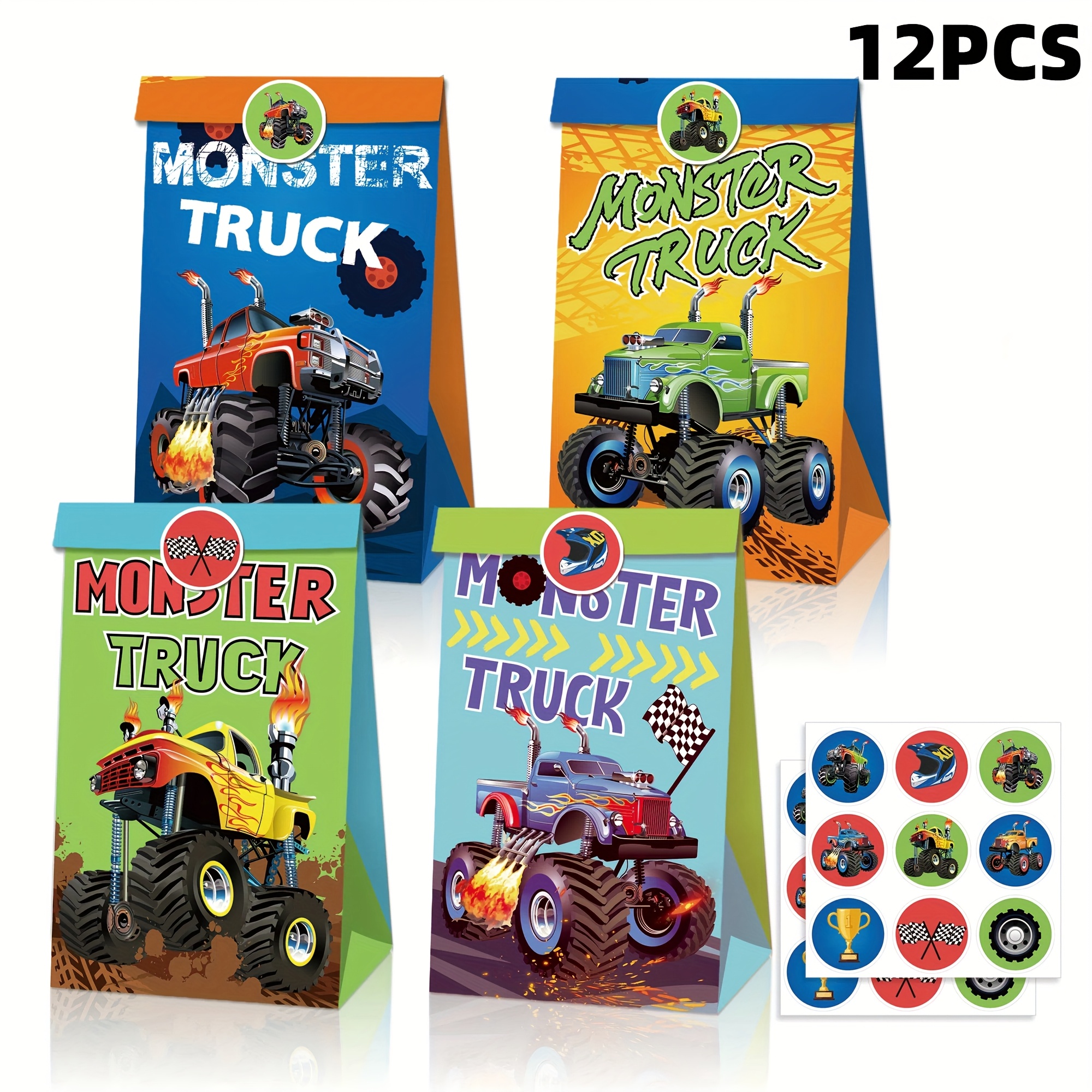 Image of 12 Paper Gift Bags Themed Around Off-road Vehicles, Featuring Stickers With Vibrant Cartoon Designs, Suitable For Party Favors And Gifts, As Well As Decorations For Off-road Vehicle Enthusiast Parties