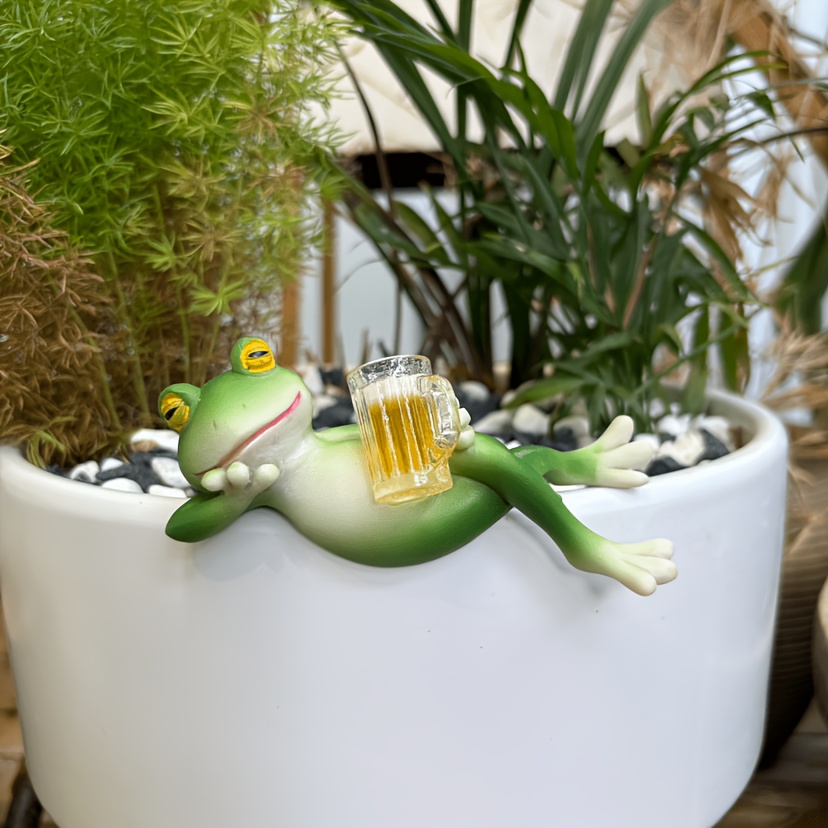 Cute Cartoon Frog Drinking Beer Figurine - Resin Outdoor/ Hanging Ornament Suitable For Garden, Balcony, Decor With Lying Down Frog - Micro Landscape Decoration For Tree Branches, Courtyard, Terrace
