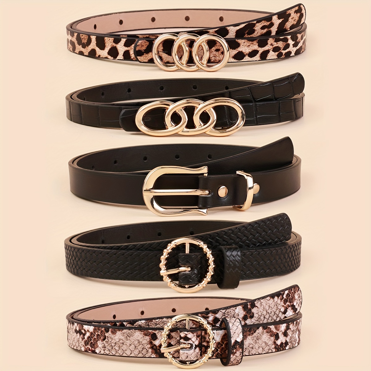 5pcs Skinny Thin Belts Women Solid PU Leather Classic Dress Belt