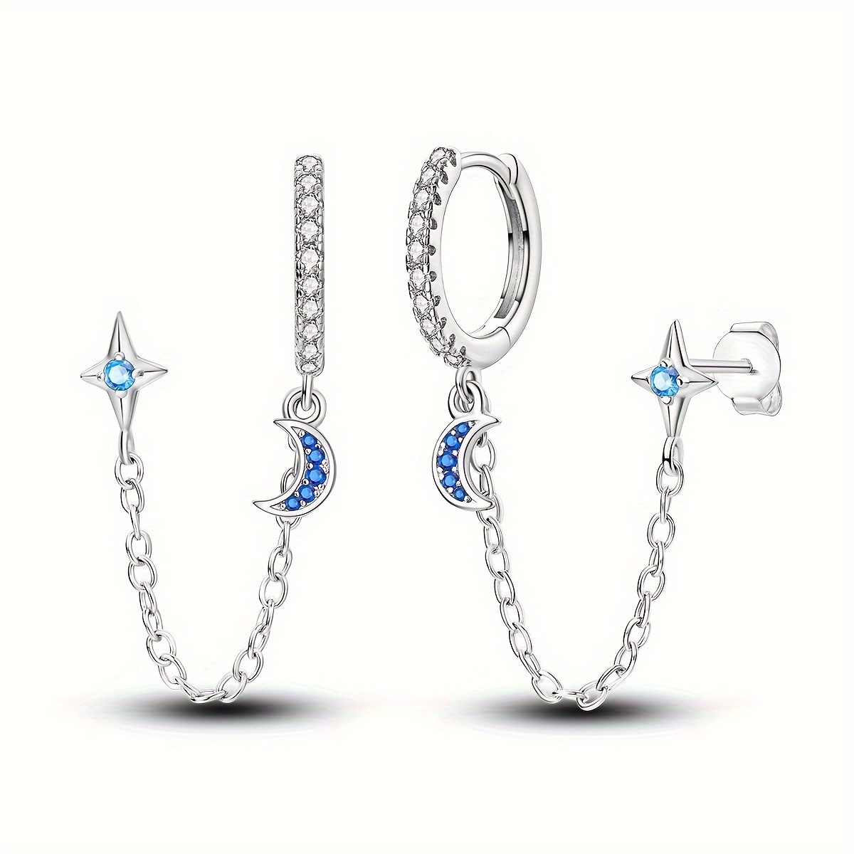 TEMU 925 Silver Hypoallergenic Sparkling Zirconia Star And Moon Ear Hook Earrings Women's Jewelry Gift 3 Grams
