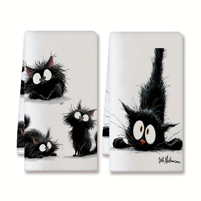 E-shop Reinigungstuch 2er-Pack Küchentücher, Küchentücher mit Cartoon-Motiv einer schwarzen Katze, Hochzeitsgeschenk, geeignet für Paare, Braut und