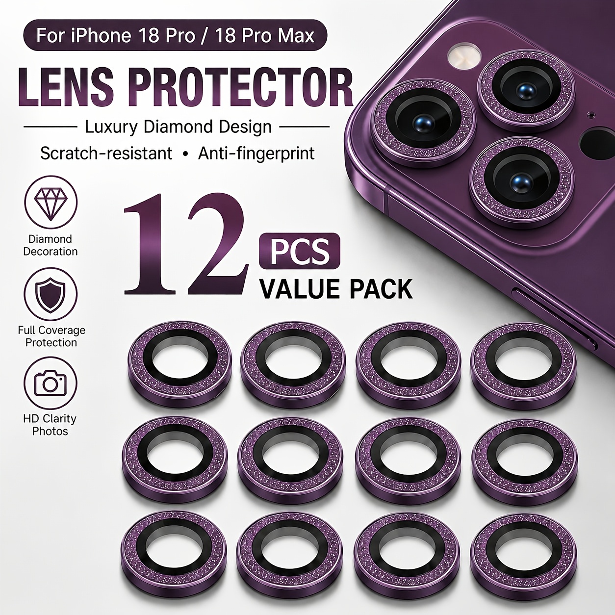 TEMU 12pcs Camera Lens, High-definition Tempered Metal Glass Screen, For Iphone 18 Pro/18 Pro Max,shock-absorbing Ring Protective Case, Gift For