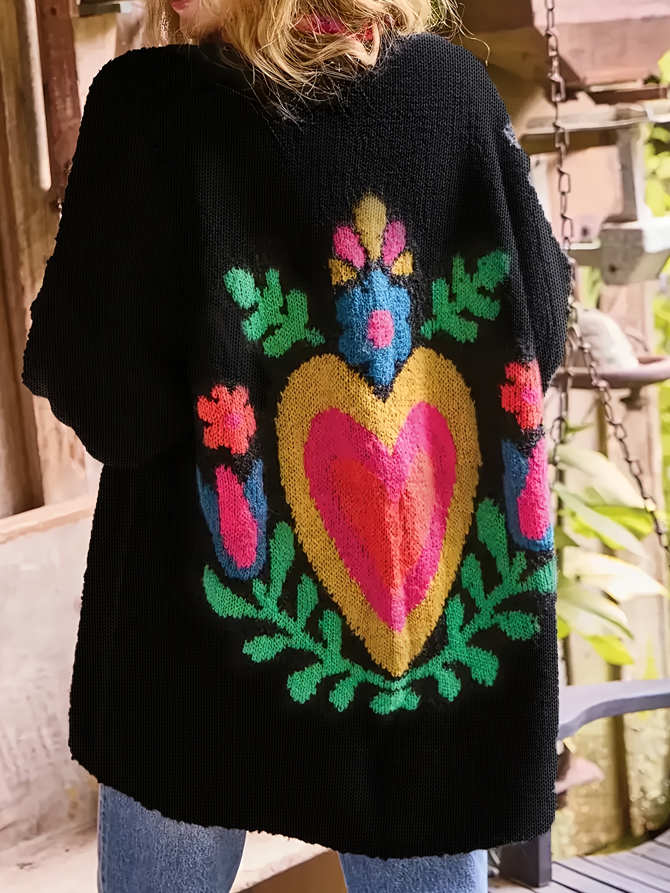 womens cardigan chic sweater coat with heart motif black background open front     layering piece for casual formal outfits elegant womens sweater jacket black 1
