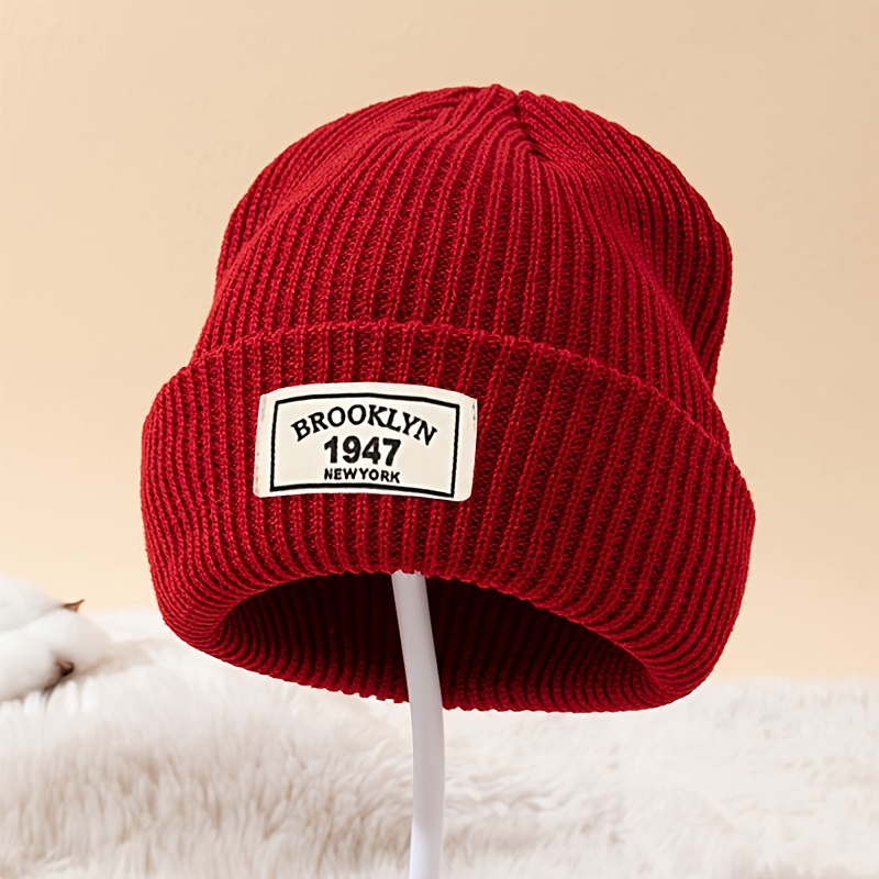 TEMU 1947 Letter Cloth Label Beanie High-elastic Ear-warming Brimless Hat Autumn Winter Outdoor Sports Warm Windproof Full-head Cap