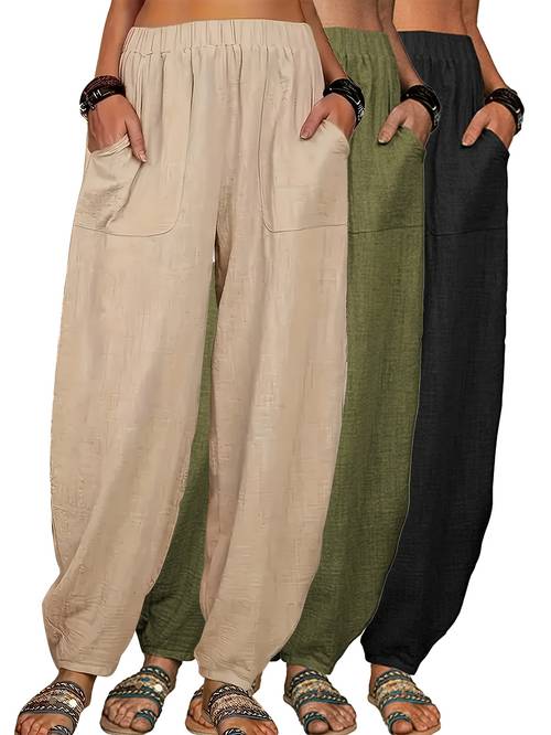 3pcs plus size solid pants outdoor baggy pocket casual pants womens fitness pants