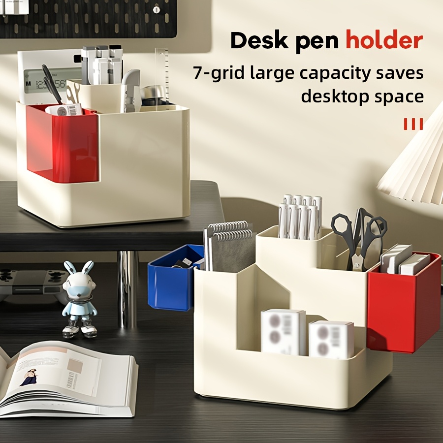 

1pc Bauhaus Style Large Capacity Desk Pen Holder, Multi-functional Detachable & Modular 7-grid Organizer, Abs Resin Stationery Sorter For Home, School, Dorm, Office - Ideal Christmas/new Year Gift