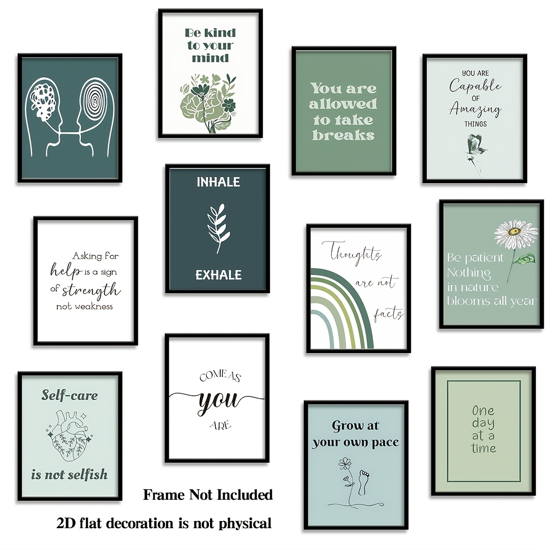 TEMU 2d Flat, 2d Flat Wall Decoration Poster No Frame 12pcs Sage Green Mental Health Awareness Poster Relax Office Decoration Wall Art Props Size Is