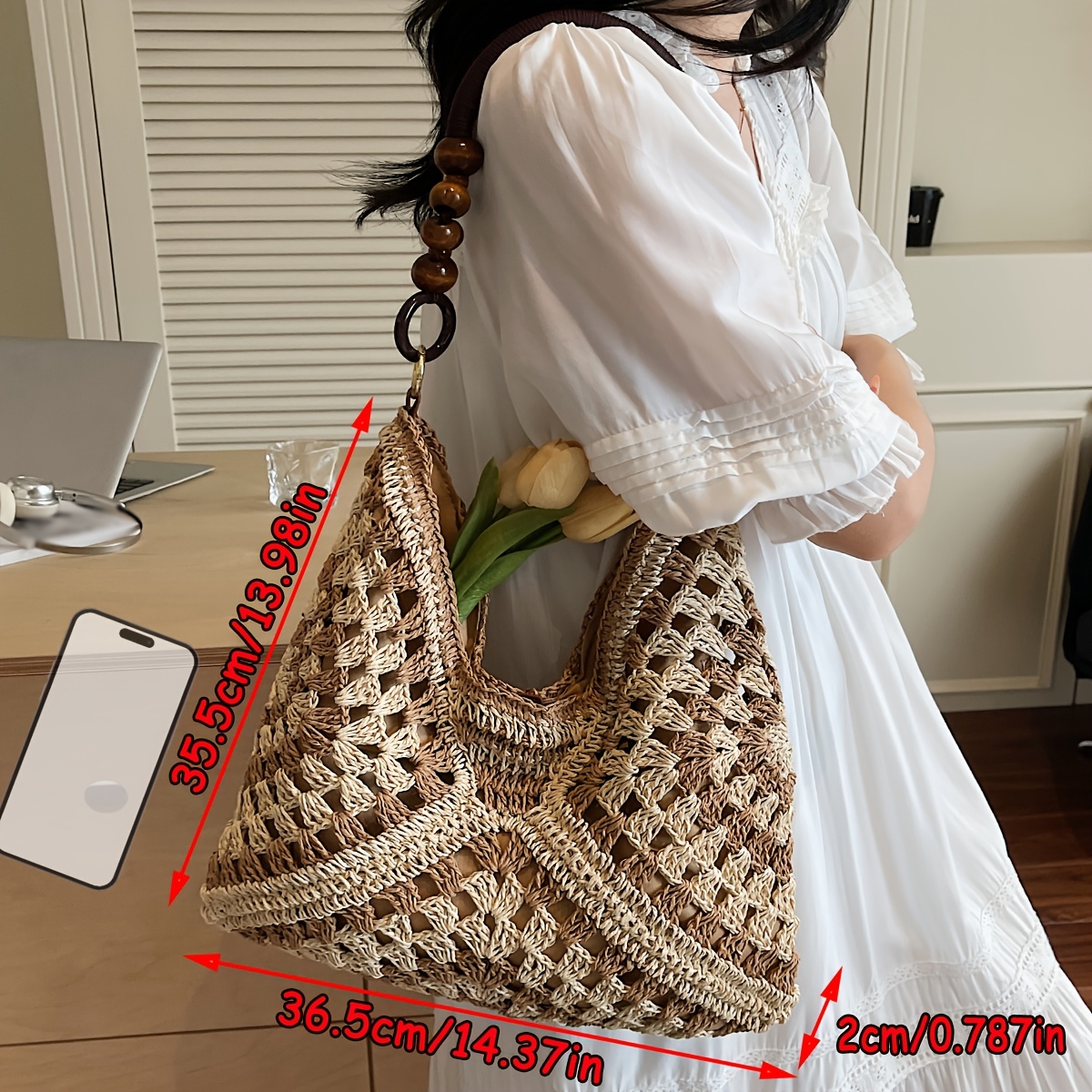 New Handmade Woven Bohemian Style Women'S Shoulder Bag, Featuring a Beaded Chain Decoration with Contrasting Colors And a Hollow Design, Suitable for Daily Commuting, Work, Vacation Trips, Beach Outings, Shopping
