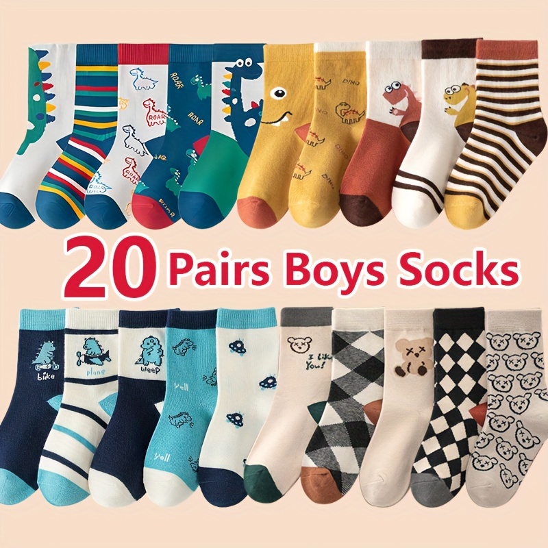 20 Pairs Boys' Cartoon Dinosaur Crew Socks - Soft, Breathable Polyester Blend For Sports & Casual Wear