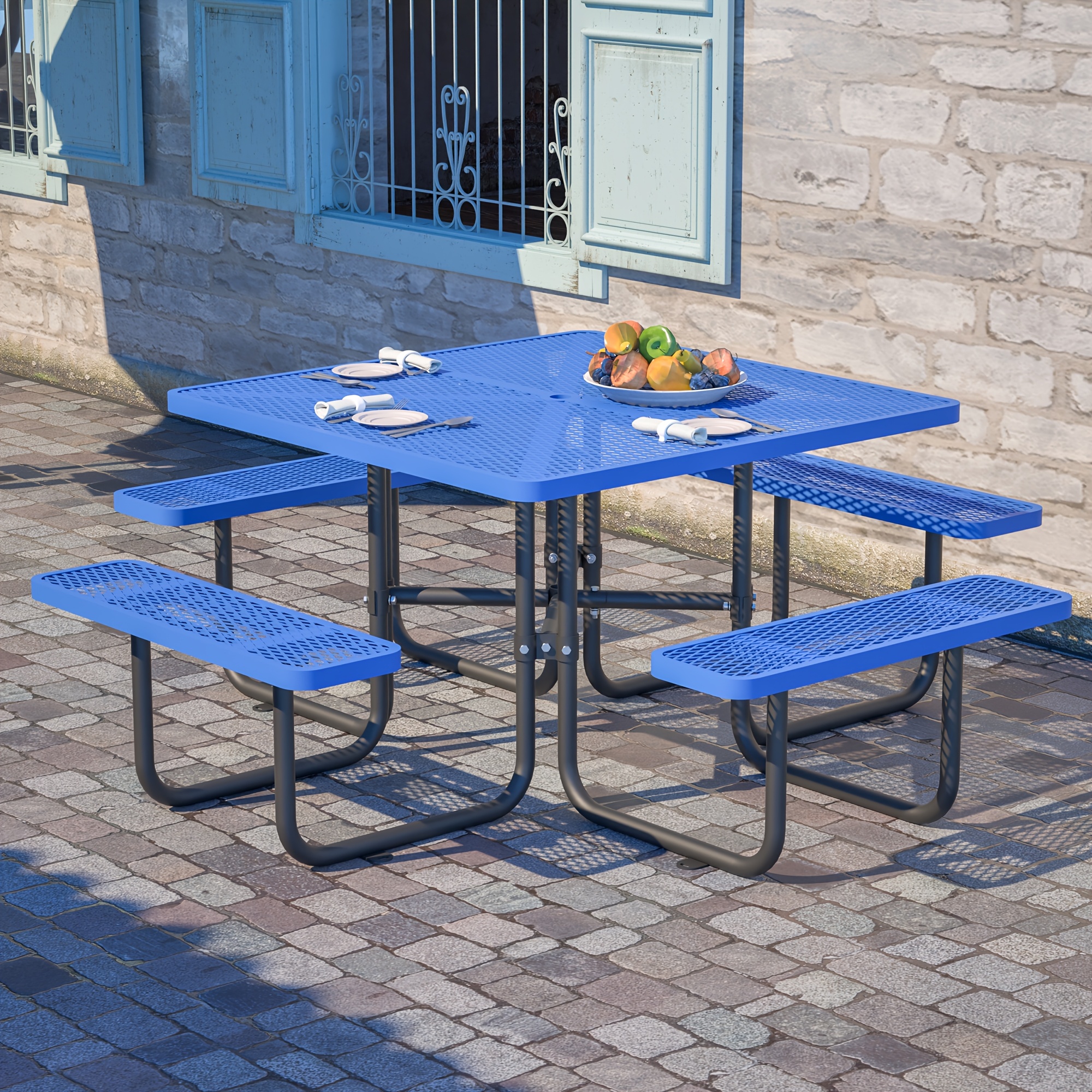 6-Person Outdoor Round Iron Picnic Table with Built-in Bench and Umbrella Hole, Suitable for Gardens, Courtyards, Patios, Lawns, Etc.